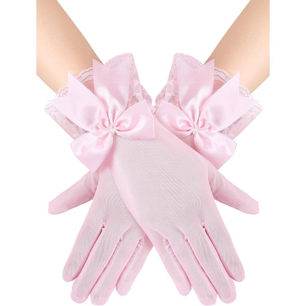 Women's Evening Pink Elegant Short Lace Bow Gloves Party Wedding Accessories